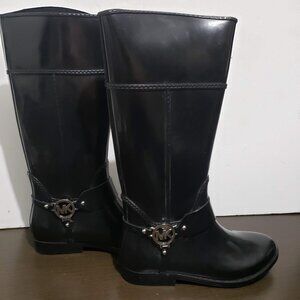 Michael Kors Fulton Harness Black Tall Rubber Rain Boots MK Silver Logo